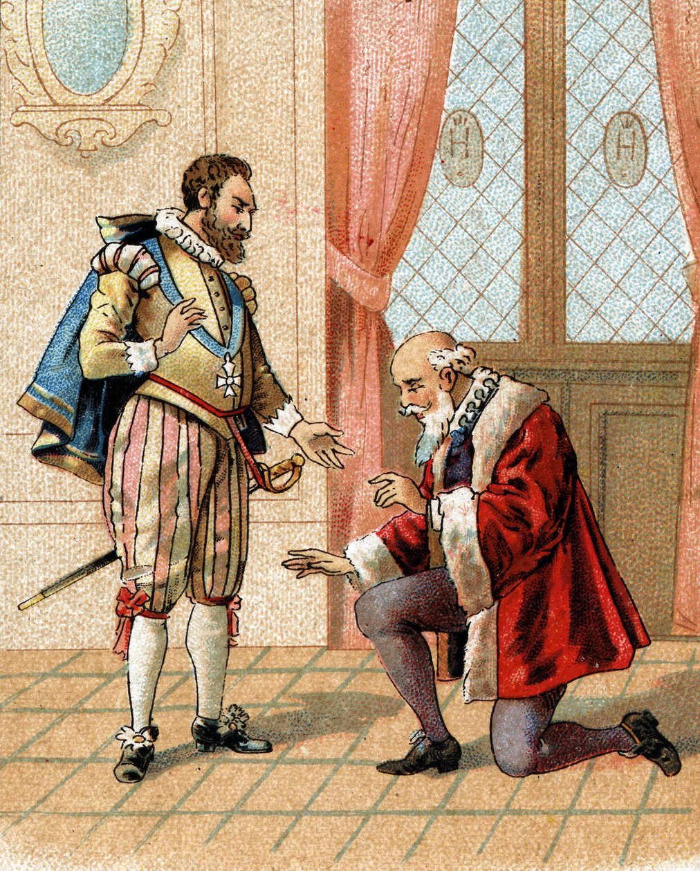 Steh auf, mein Freund, deine Feinde werden sagen, dass ich dir vergebe, sagte König Heinrich IV. zu Maximilian von Béthune (Herzog von Sully) (1559-1641) im Jahr 1598, der nach einer lebhaften Diskussion niedergekniet war. von French School