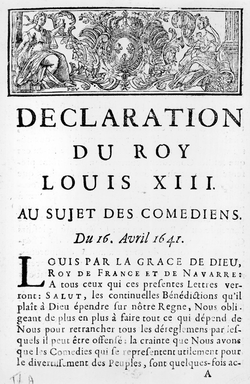 Erklärung von Ludwig XIII. (1601-43) über die Komödianten, 16. April 1641 von French School