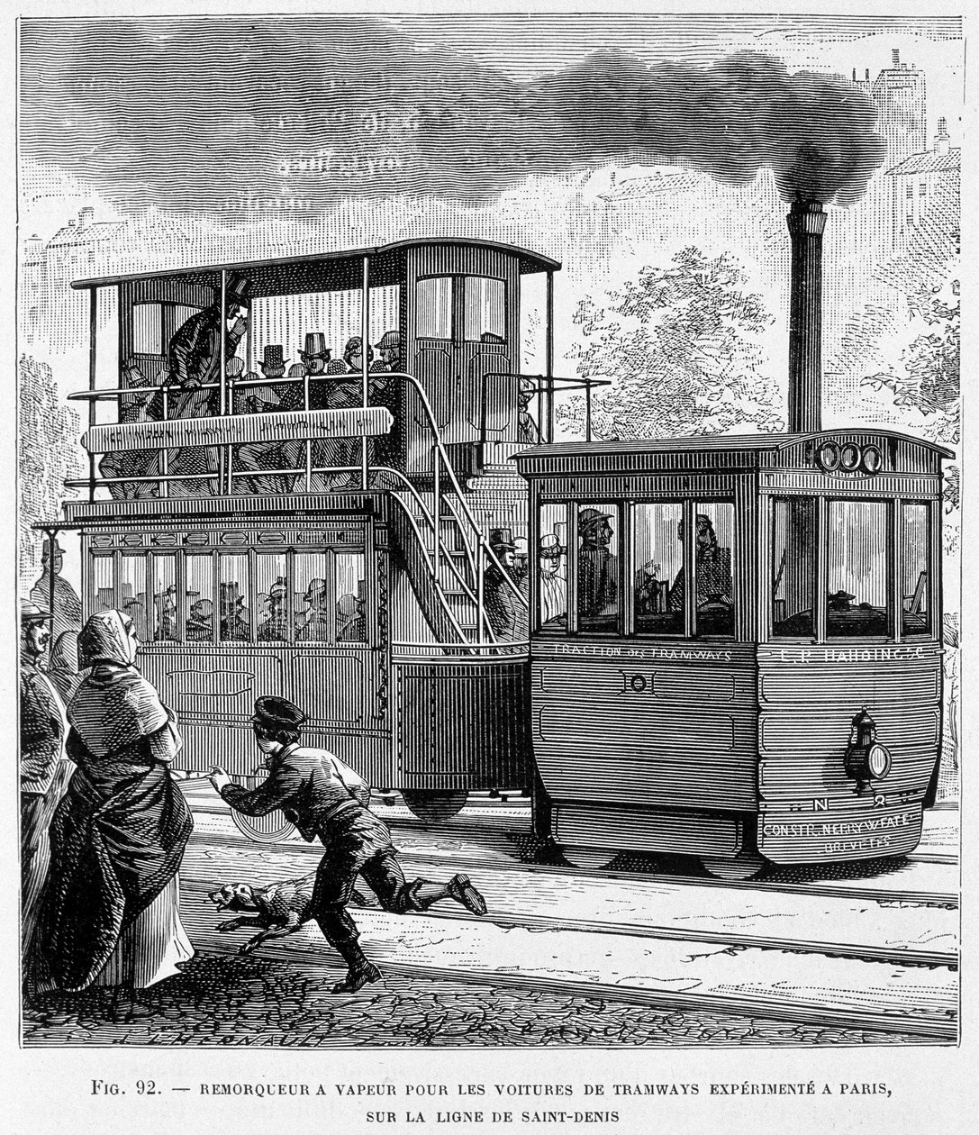 Dampfschlepper für erfahrene Straßenbahnwagen in Paris, auf der Saint-Denis-Linie - in „Die neuen Eroberungen der Wissenschaft“ von Louis Figuier von French School