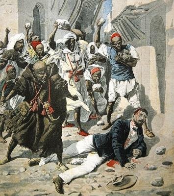 Steinigung von Doktor Emile Mauchamp in Marrakesch, Titelillustration aus Le Petit Journal, 7. April 1907 von French School