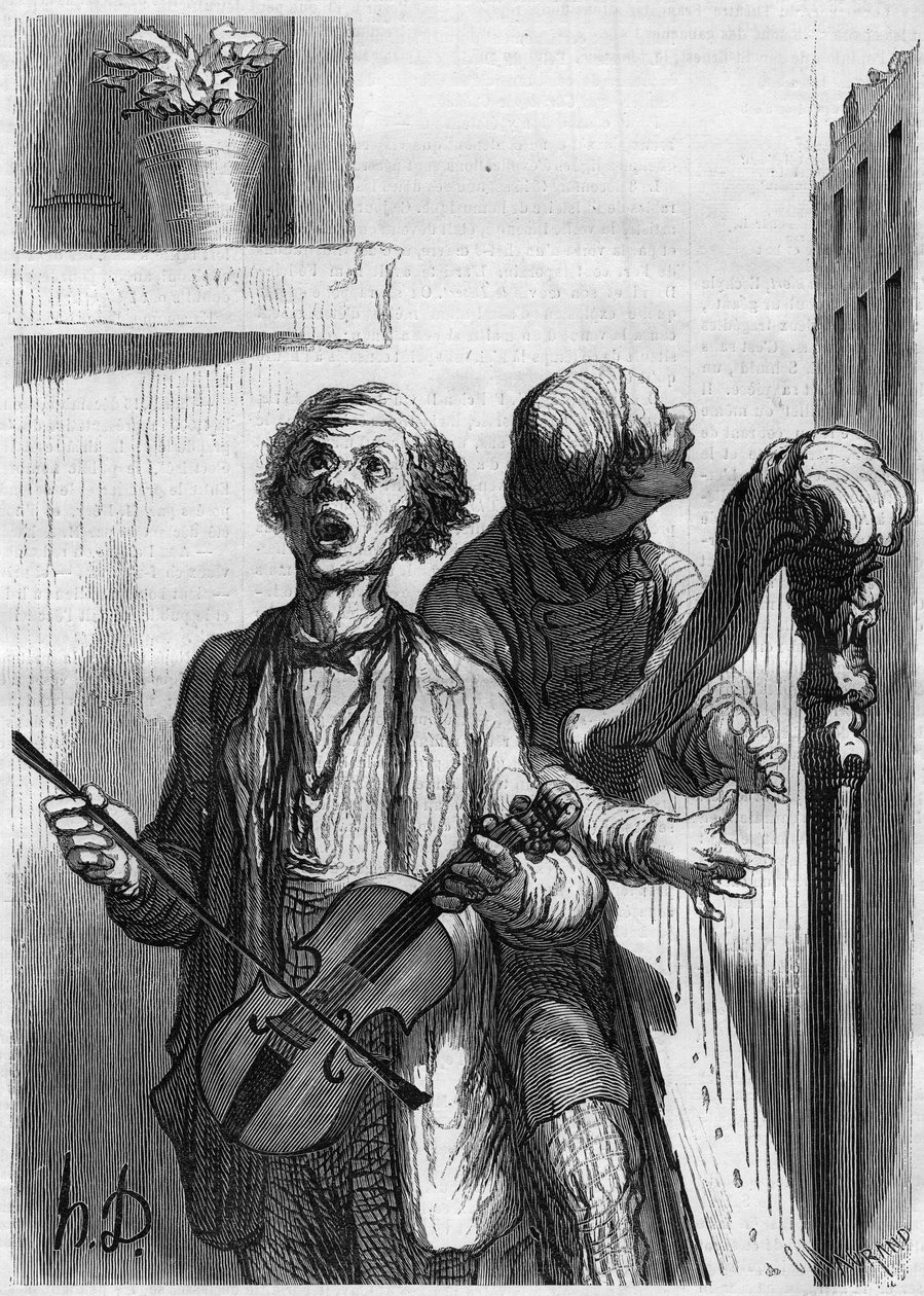 Straßensänger. Karikatur von Honoré Daumier (1808-1879). Gravur in „Le Monde Illustré“ Nr. 297 vom 20. Dezember 1862 von French School