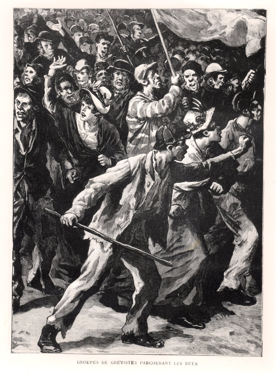 Streikende demonstrieren auf den Straßen von Chicago während der Pullman-Unruhen von 1894, um 1895 von French School