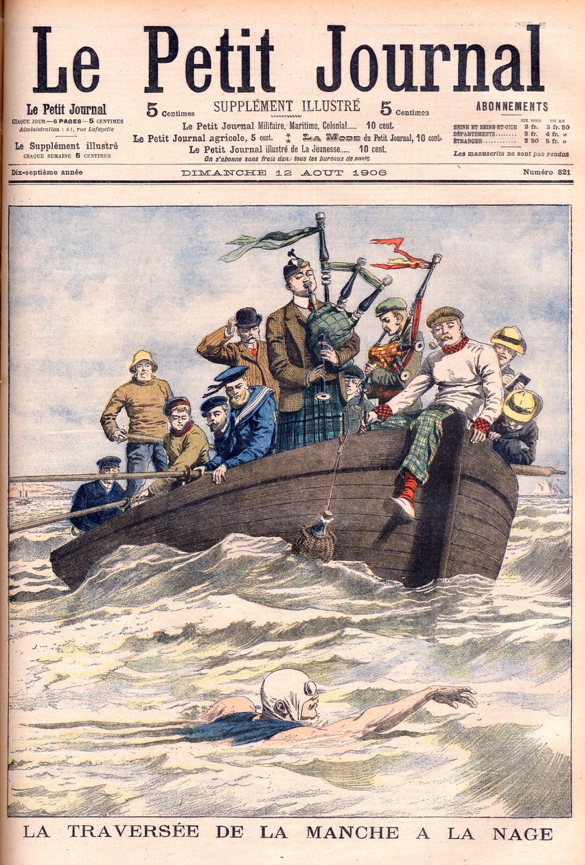 Schwimmen durch den Ärmelkanal. Der Engländer Jabez Wolffe bei seinem ersten von 22 erfolglosen Versuchen, den Kanal zu durchschwimmen. Illustration für Le Petit Journal von French School