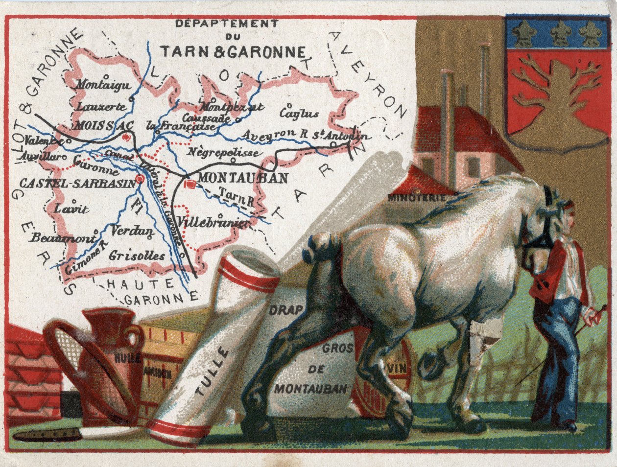 Tarn et Garonne, Midi-Pyrenees, Frankreich. Lokale Spezialität: Öl, Stärke, Tüll, Großhandel Montauban-Bettwäsche, Wein und Mühle. Serie über die französischen Departements von French School