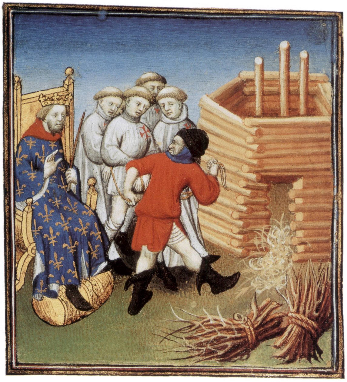 Templer werden unter dem Blick des französischen Königs Philipp IV. der Schöne im Jahr 1310 hingerichtet, Illustration von French School