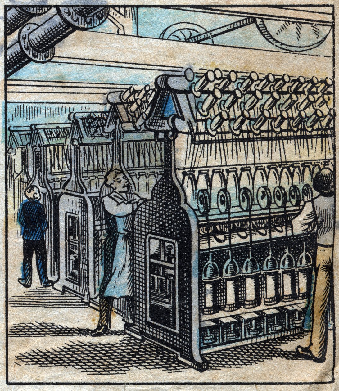 Textilien, Leinen: die Werkstatt. Umwandlung der Bänder in Bohrer und dann in Fäden mit Spinnmaschinen. Gravur. Epinal Imaging Ende des 19. Jahrhunderts. von French School