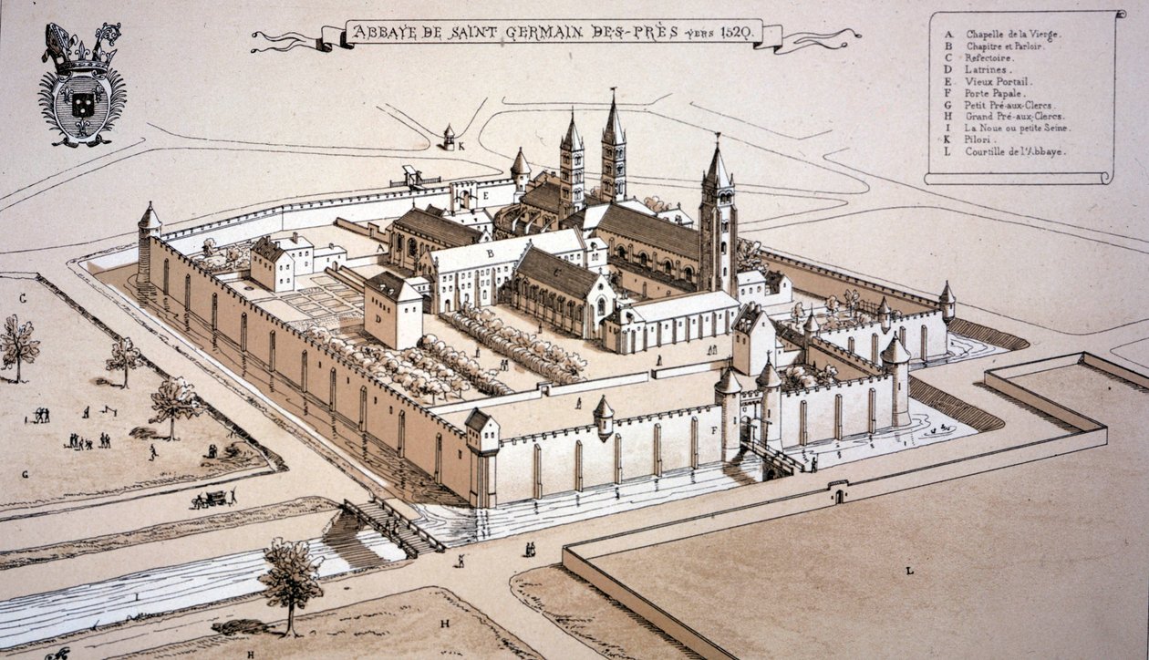Die Abtei Saint-Germain-des-Prés um 1520 (Farbstich) von French School