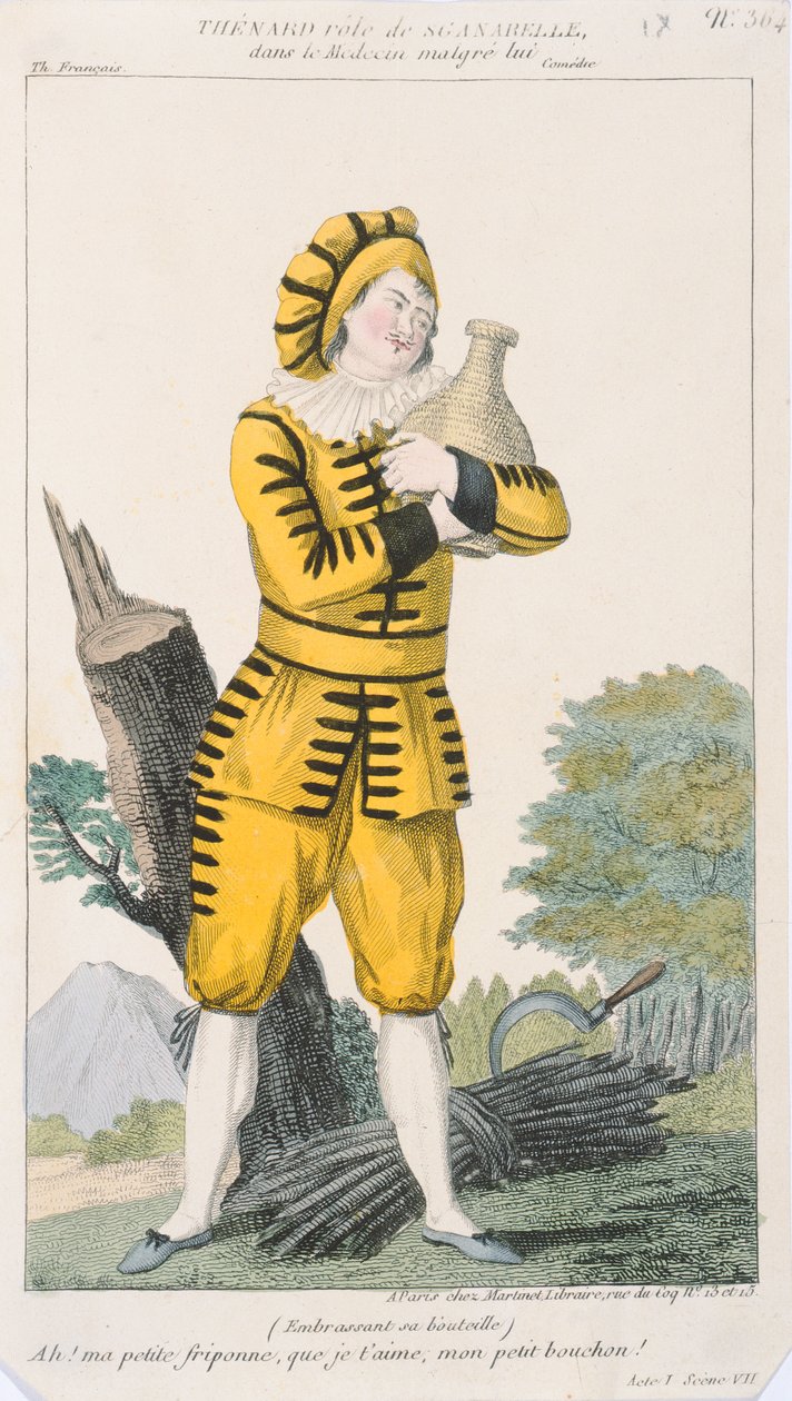 Der Schauspieler Thenard in der Rolle des Sganarelle im Stück Le Medecin Malgre Lui, aufgeführt in Paris an der Comédie-Française, frühes 19. Jahrhundert von French School