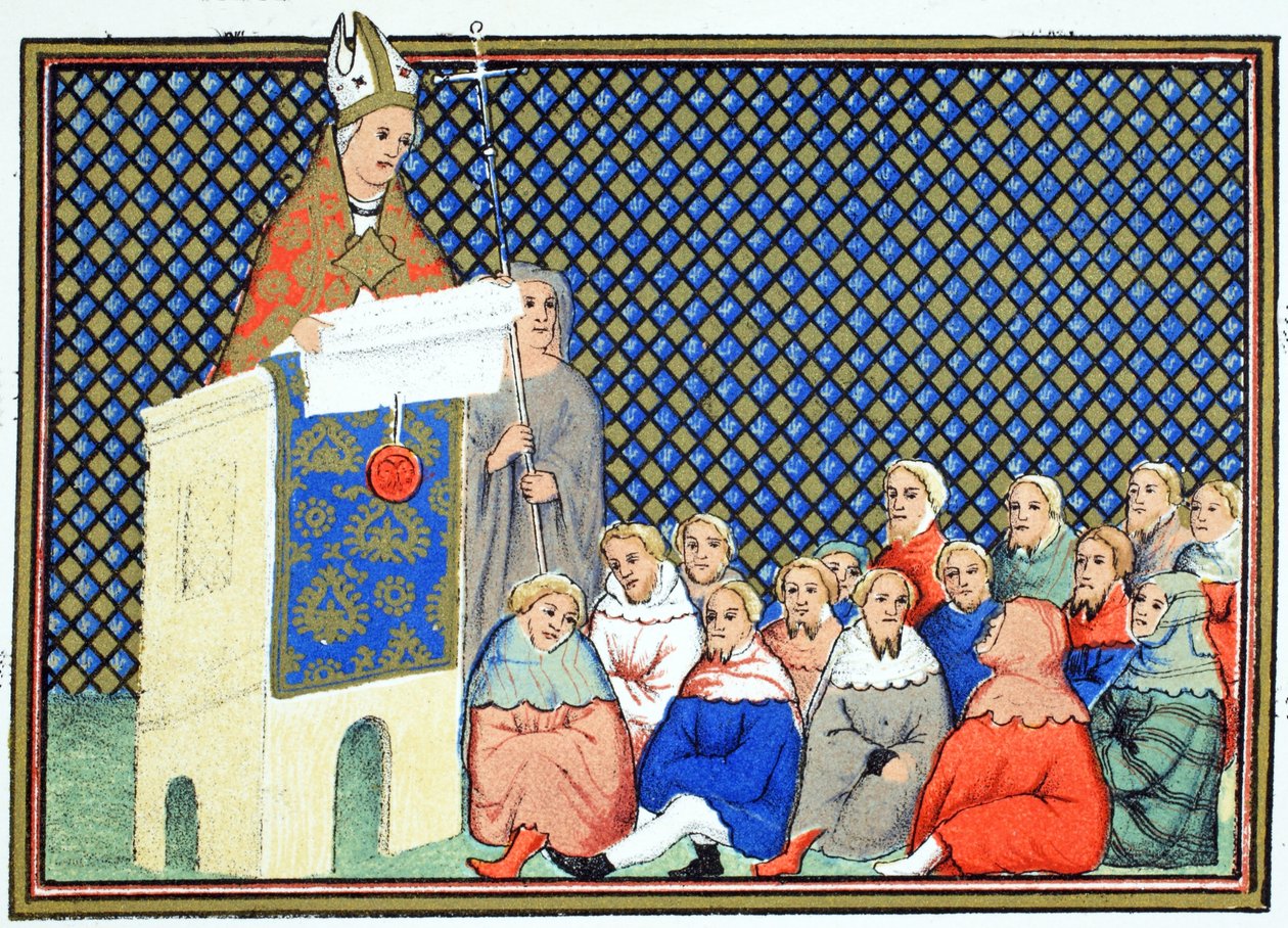 Der Erzbischof von Canterbury predigt dem englischen Adel gegen Richard II., Faksimile-Kopie aus Le Prinse et Mort du Roy Richart von Jean Creton, nachgedruckt im 19. Jahrhundert von French School