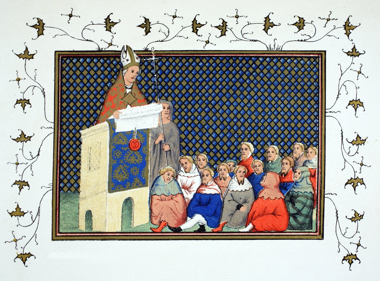 Der Erzbischof von Canterbury predigt dem englischen Adel gegen Richard II., Faksimile-Kopie aus Le Prinse et Mort du Roy Richart von Jean Creton, nachgedruckt im 19. Jahrhundert von French School