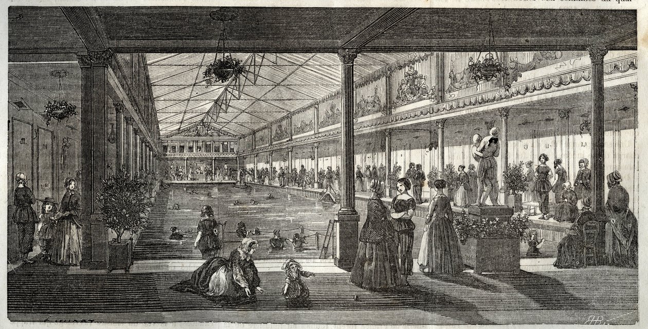 Die Bäder im Hotel Lambert, Ile Saint-Louis, Paris, Mitte des 19. Jahrhunderts - Hotel Lambert, Ile Saint-Louis, Schwimmschule für Damen - Bain Lambert - - Gravur in "Tableau-de-Paris" von Edmond Texier 1852 von French School