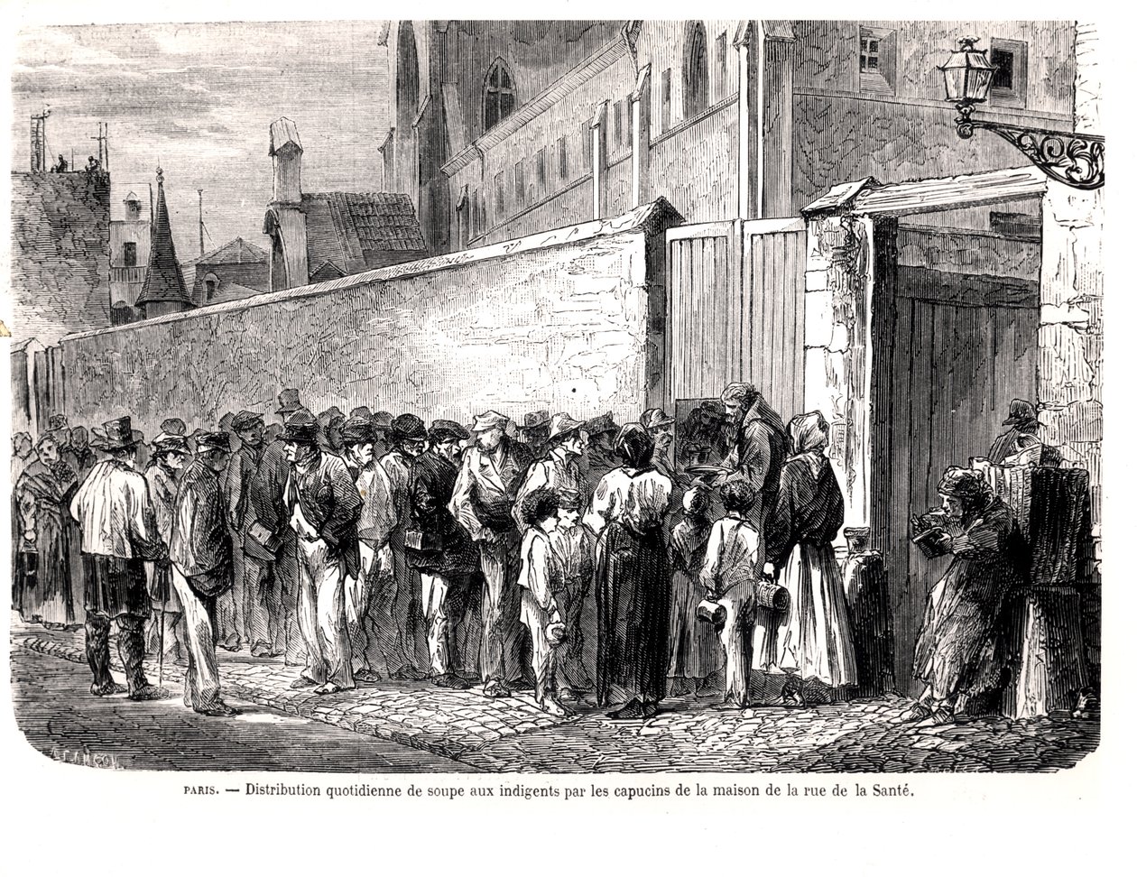 Die Kapuziner der Rue de la Santé verteilen die tägliche Suppe an die Armen, aus Le Monde Illustré, 1860 von French School