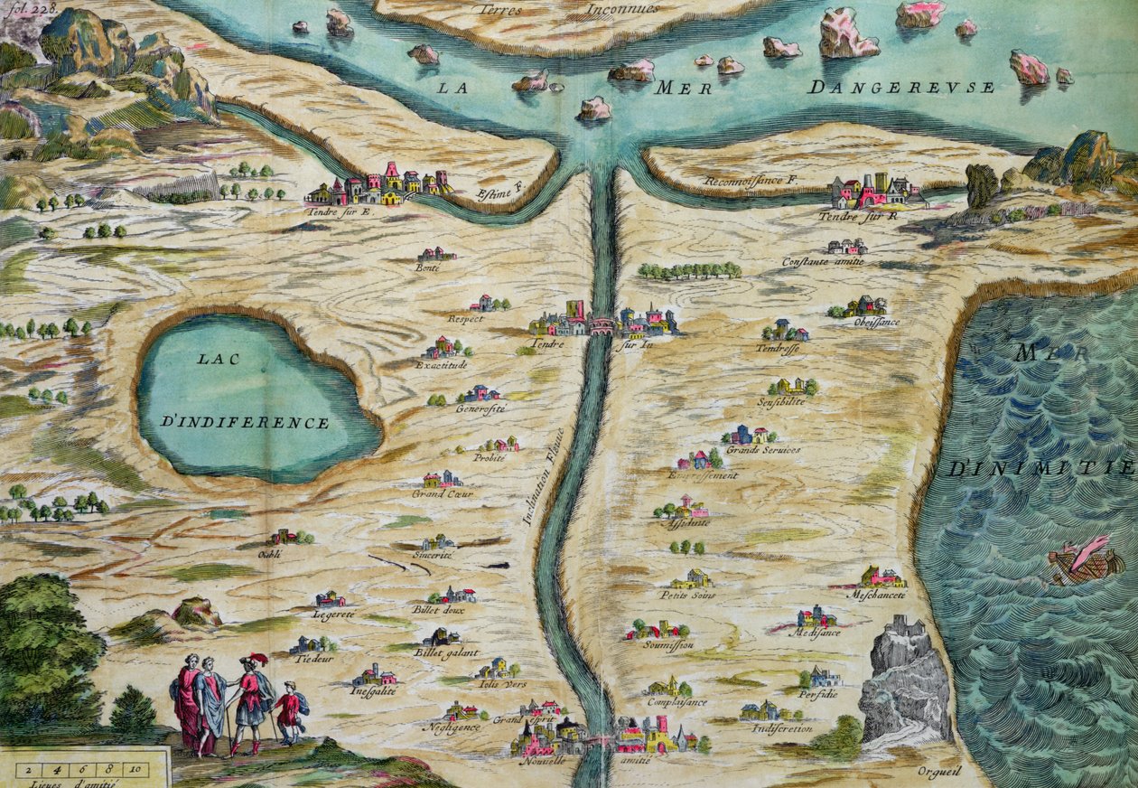 Die Carte du Tendre, eine Karte eines imaginären Landes, aus Band II von Clelie, geschrieben von Mademoiselle de Scudery, graviert von Francois Chauveau (1613-76), 1656 von French School