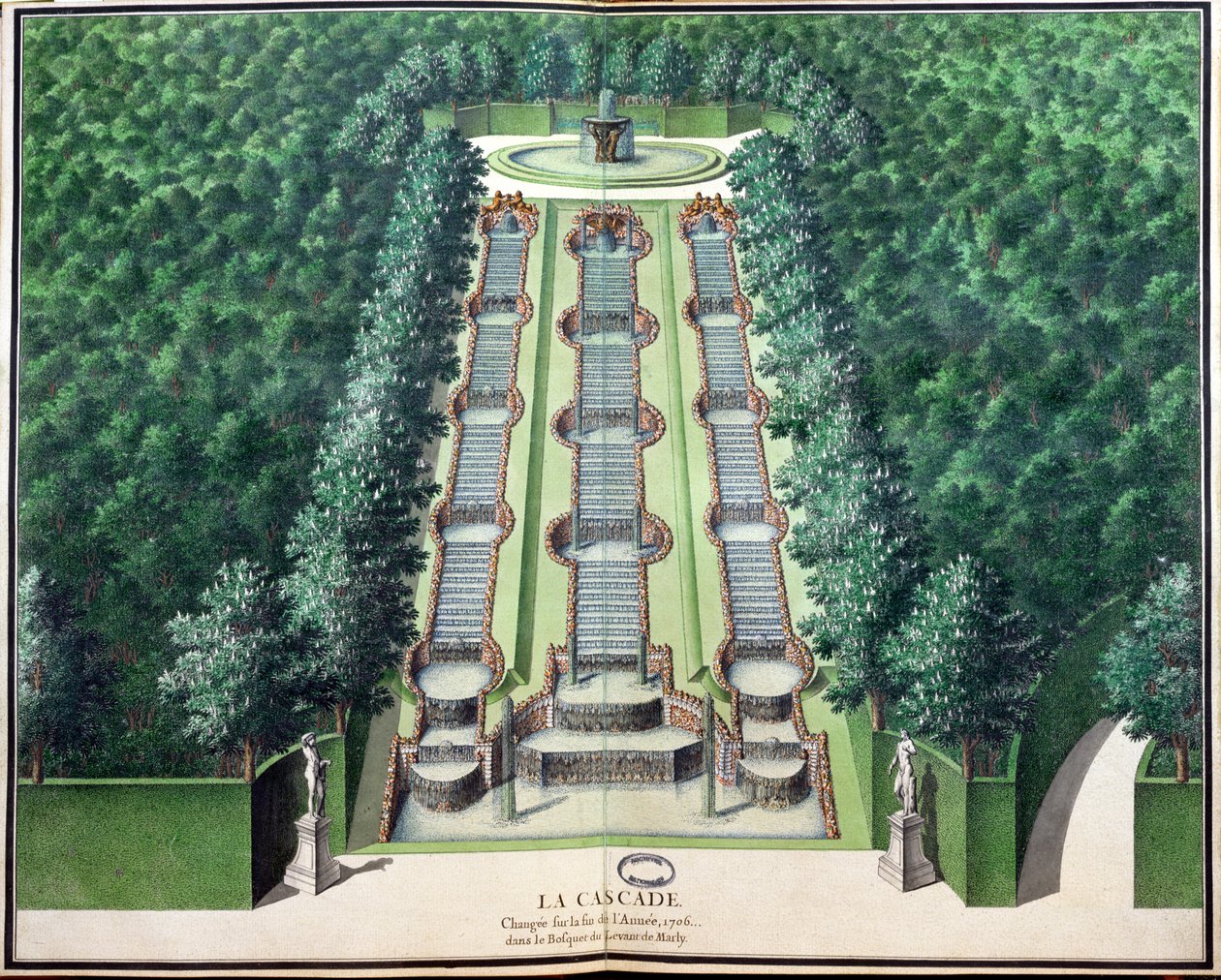 Der Wasserfall, verändert Ende 1706, im Hain auf dem Hügel, aus Gardens of Marly, frühes 18. Jahrhundert von French School