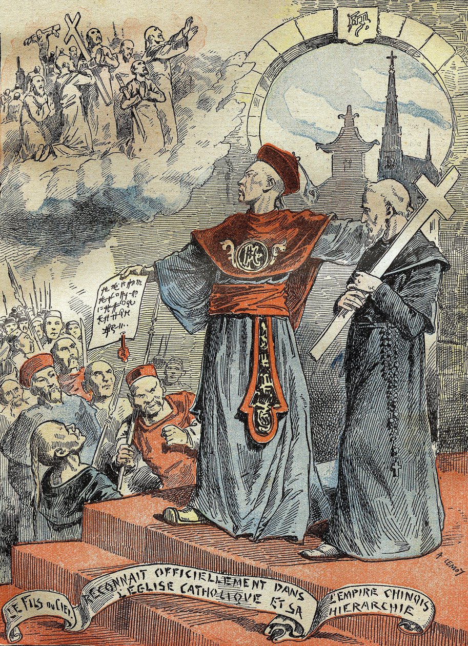 Der chinesische Kaiser Guangxu (Kouang-siu oder Kouang Siu) (1872-1908) erkannte offiziell die katholische Kirche und ihre Hierarchie an. Gravur in „Le Pelerin“ 25.05.1899. von French School