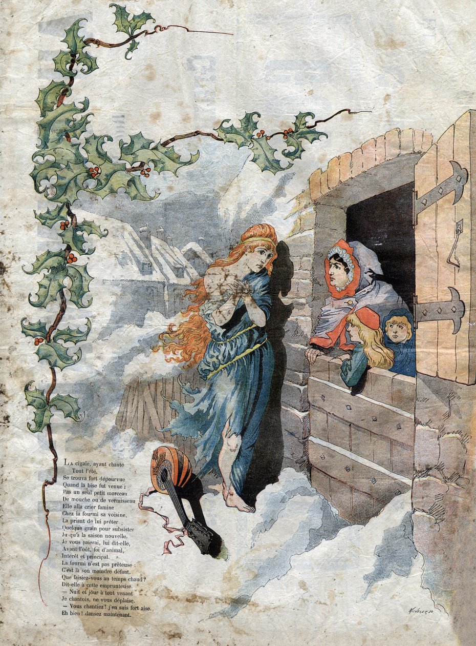 Die Grille und die Ameise. Fabeln von Jean de La Fontaine. Illustration von Michelet SC. Ende des 19. Jahrhunderts. von French School