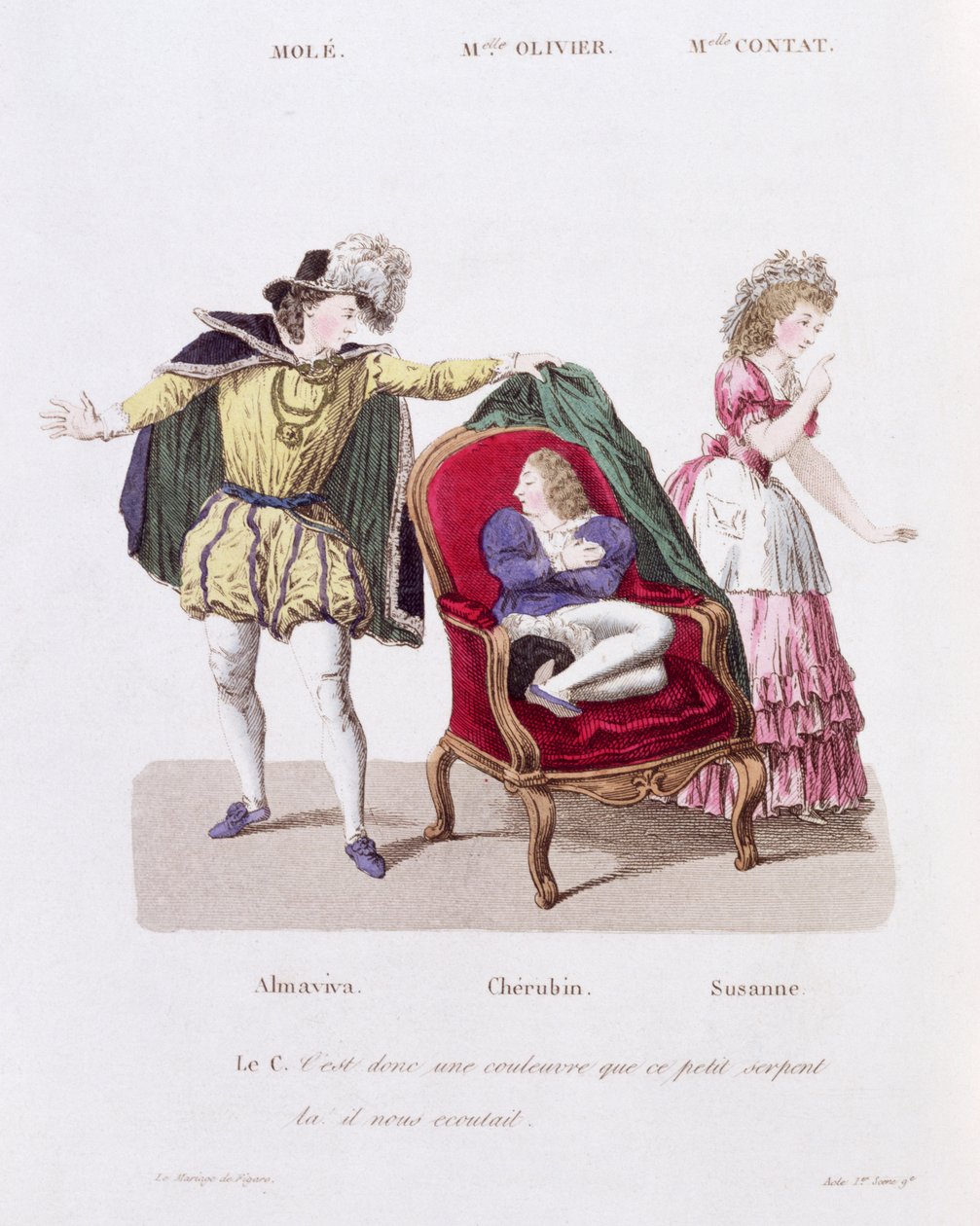 Der Graf entdeckt Cherubin, Akt I Szene 9 aus Die Hochzeit des Figaro von Pierre Augustin Caron de Beaumarchais (1732-99) von French School