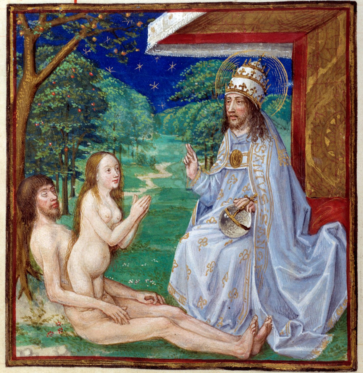 Die Erschaffung Evas aus der Rippe Adams im Garten Eden. Miniatur aus „Der Spiegel des menschlichen Heils“ illuminiert von der französischen Schule des 15. Jahrhunderts. Chantilly, Musée Condé von French School