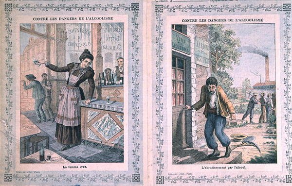 Die Gefahren des Alkoholismus, Titelblatt eines Schulheftes, um 1900 von French School