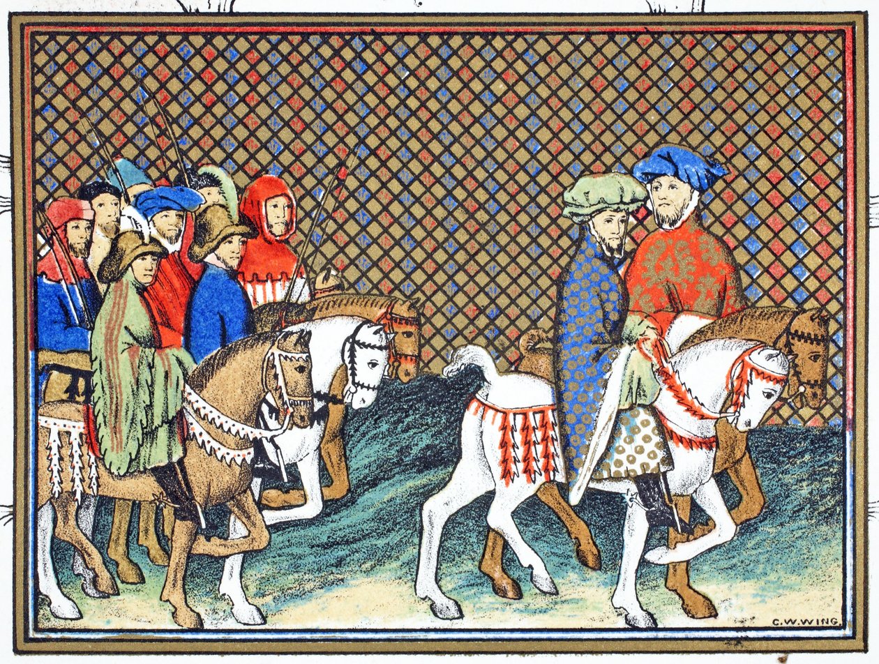 Die Herzöge von Exeter und Surrey werden von Richard II. von Schloss Conway nach Chester geschickt, um mit dem Herzog von Lancaster zu verhandeln, Faksimile-Kopie aus Le Prinse et Mort du Roy Richart von Jean Creton, nachgedruckt im 19. Jahrhundert von French School