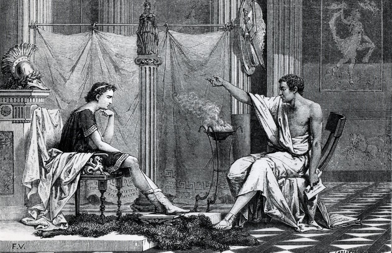 Die Erziehung Alexanders des Großen (356-323 v. Chr.) durch Aristoteles (384-322 v. Chr.) aus einem Buch von L. Figuier von French School
