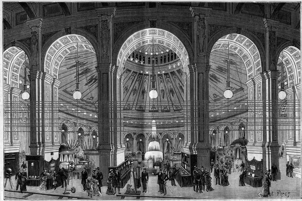 Die Elektrizitätsausstellung in Wien (Österreich), ein Überblick über die große Rotunde, die von elektrischem Licht beleuchtet wird. (La Nature. Revue des sciences et de ses applications aux arts et à l