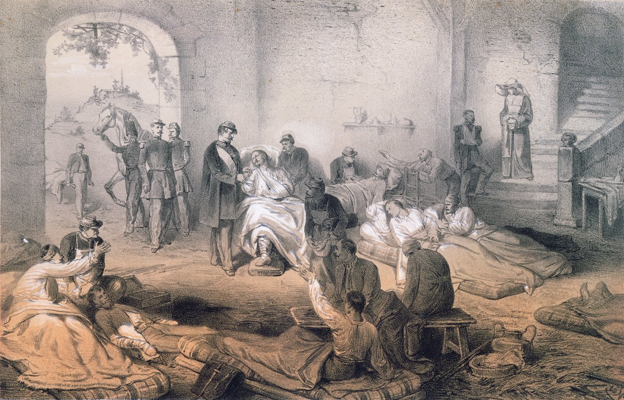 Der Kaiser Napoleon III. besucht verwundete Soldaten nach der Schlacht von Solferino, 24. Juni 1859 von French School