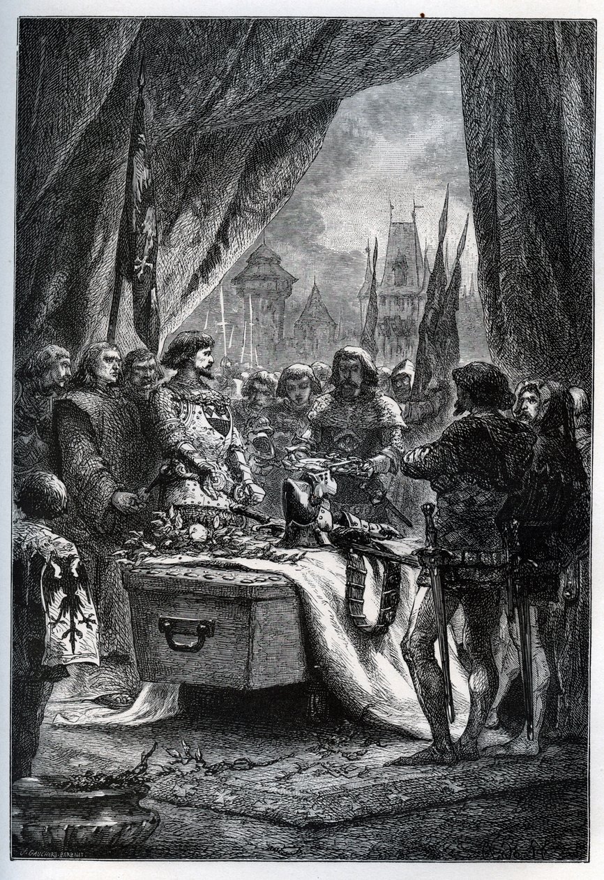 Der englische Gouverneur von Châteauneuf-de-Randon (Châteauneuf-de-Randon, Auvergne) ergab sich und legte die Schlüssel der Stadt auf den Sarg von Bertrand du Guesclin (1320-1380), am 13. Juli 1380, vor dem die Stadt belagert wurde. Der Konnetabel starb von French School