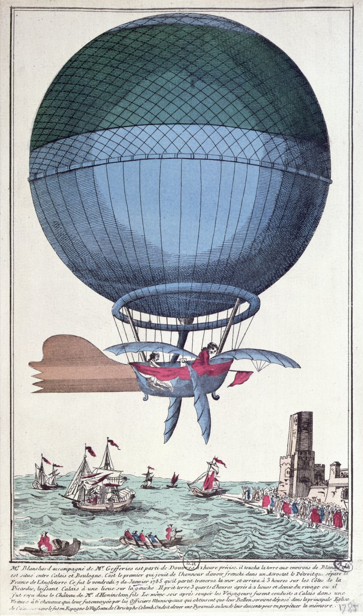 Die erste Kanalüberquerung mit dem Flugzeug von Jean Pierre Francois Blanchard und John Jeffries, 1785 von French School