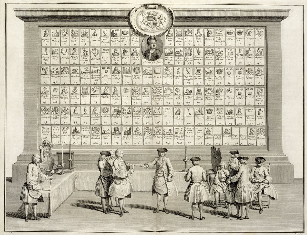 Die Freimaurer, mit Zeichen für die verschiedenen Logen, aus Die Zeremonien der Religion und des Brauchtums, um 1733 von French School