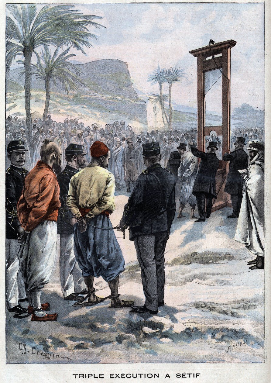 Die französische Guillotine drei Rebellen in Setif in Algerien - in „Le Petit Parisien“ von French School