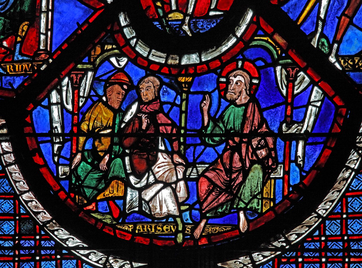 Das Fenster des barmherzigen Samariters: Christus erzählt das Gleichnis vom barmherzigen Samariter von French School