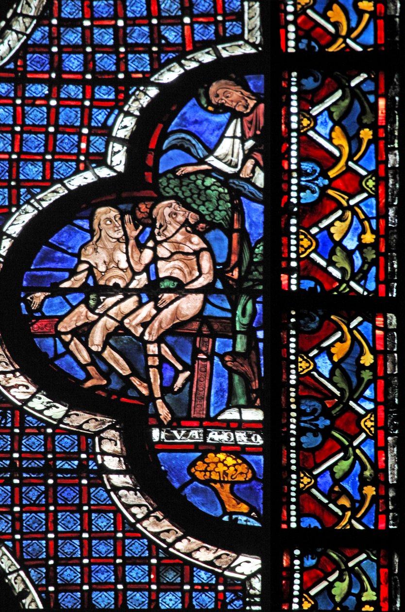 Das Fenster des barmherzigen Samariters: Gott ruft Adam und Eva (mit Feigenblättern) von French School