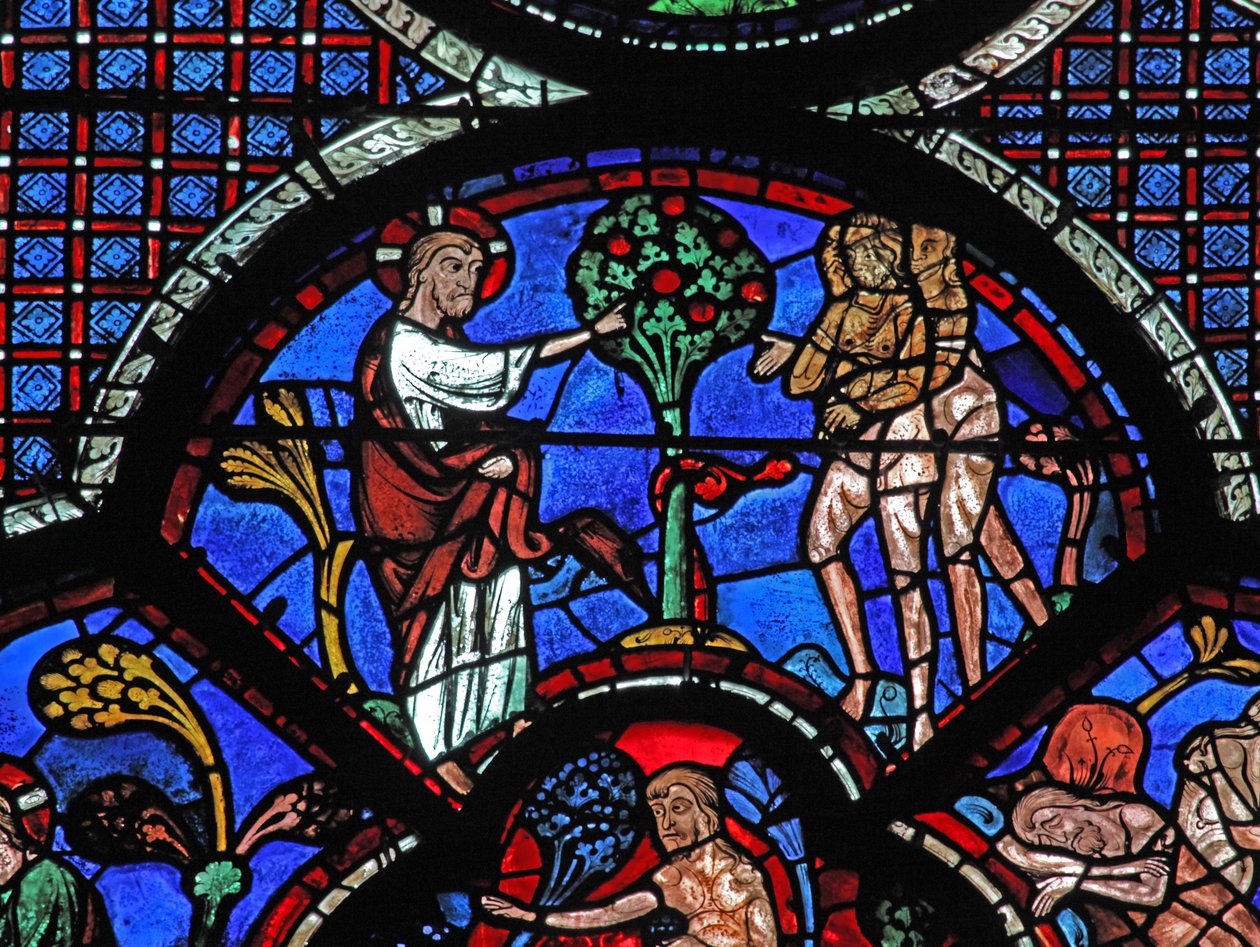 Das Fenster des barmherzigen Samariters: Gott verbietet Adam und Eva, die Frucht des Baumes zu essen von French School