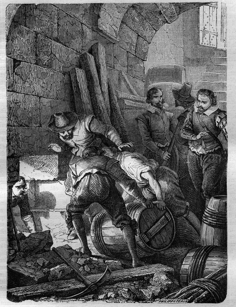 Das Pulververschwörung: Verschwörung der Katholiken, um König James I., seine Familie und einen Teil des Adels zu ermorden, indem sie den Palast von Westminster (London) bei der Eröffnungszeremonie des Parlaments am 5. November 1605 in die Luft sprengen. G von French School