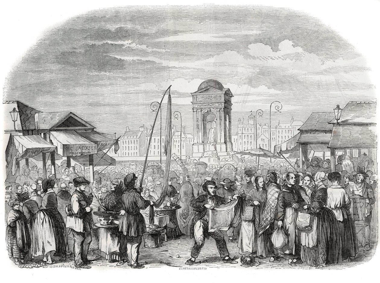 Die Unschuldigen marschieren in Paris mit dem Brunnen - Gravur in "Tableau-de-Paris" von Edmond Texier 1852 von French School