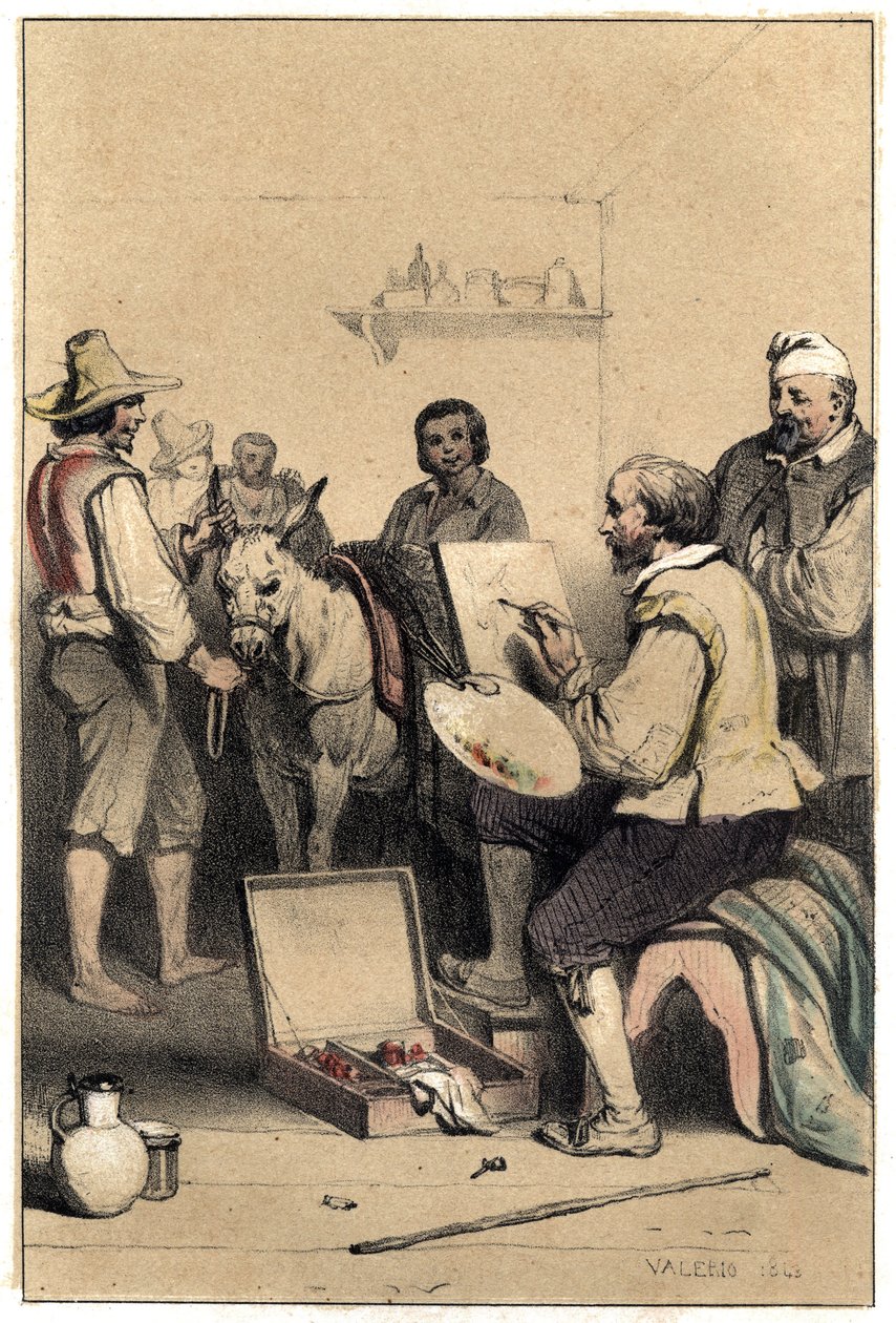 Der italienische Maler Antonio Allegri (bekannt als Correggio oder Le Correge 1489-1534), signiert ein Wirtshausschild, um seine Mahlzeit zu bezahlen. Platte aus "Szenen aus dem Leben berühmter Männer", Gravur in zwei Farben von Valerio. 1843 von French School