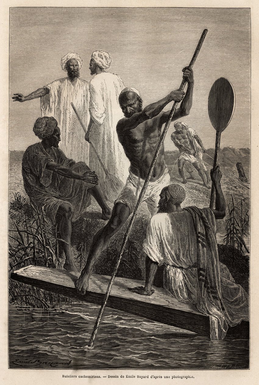 Die Kaschmirischen Bootsleute in der Nähe von Srinagar (Shrinagar) bei der Arbeit - Gravur zur Illustration der Geschichte von Pandjab und Kaschmir, von Guillaume Lejean 1866, veröffentlicht in „Le tour du monde“ 1870-1871, herausgegeben von Edouard Charto von French School