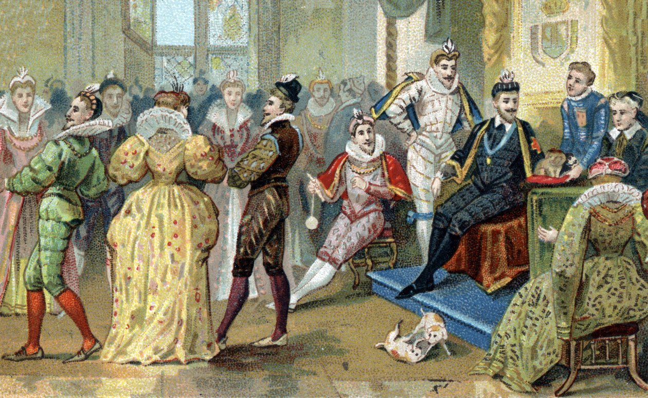 Der König von Frankreich Heinrich III. (1551-1589) umgeben von seinen Günstlingen. Chromolithographie Ende des 19. Jahrhunderts von French School