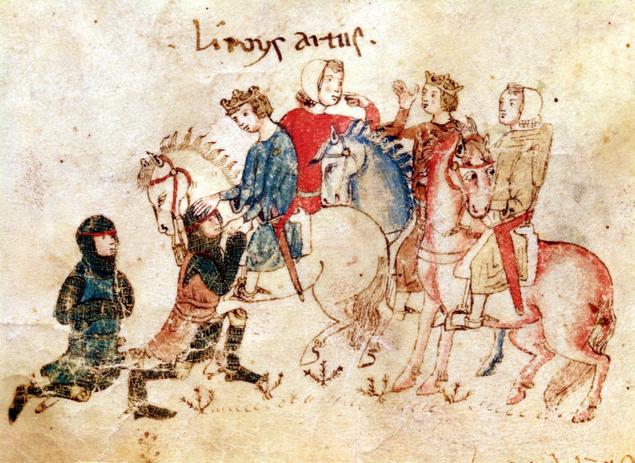 Die Ritter Esclabor und Arphasar bieten König Artus ihre Dienste an, aus dem Roman de Meliadus von French School