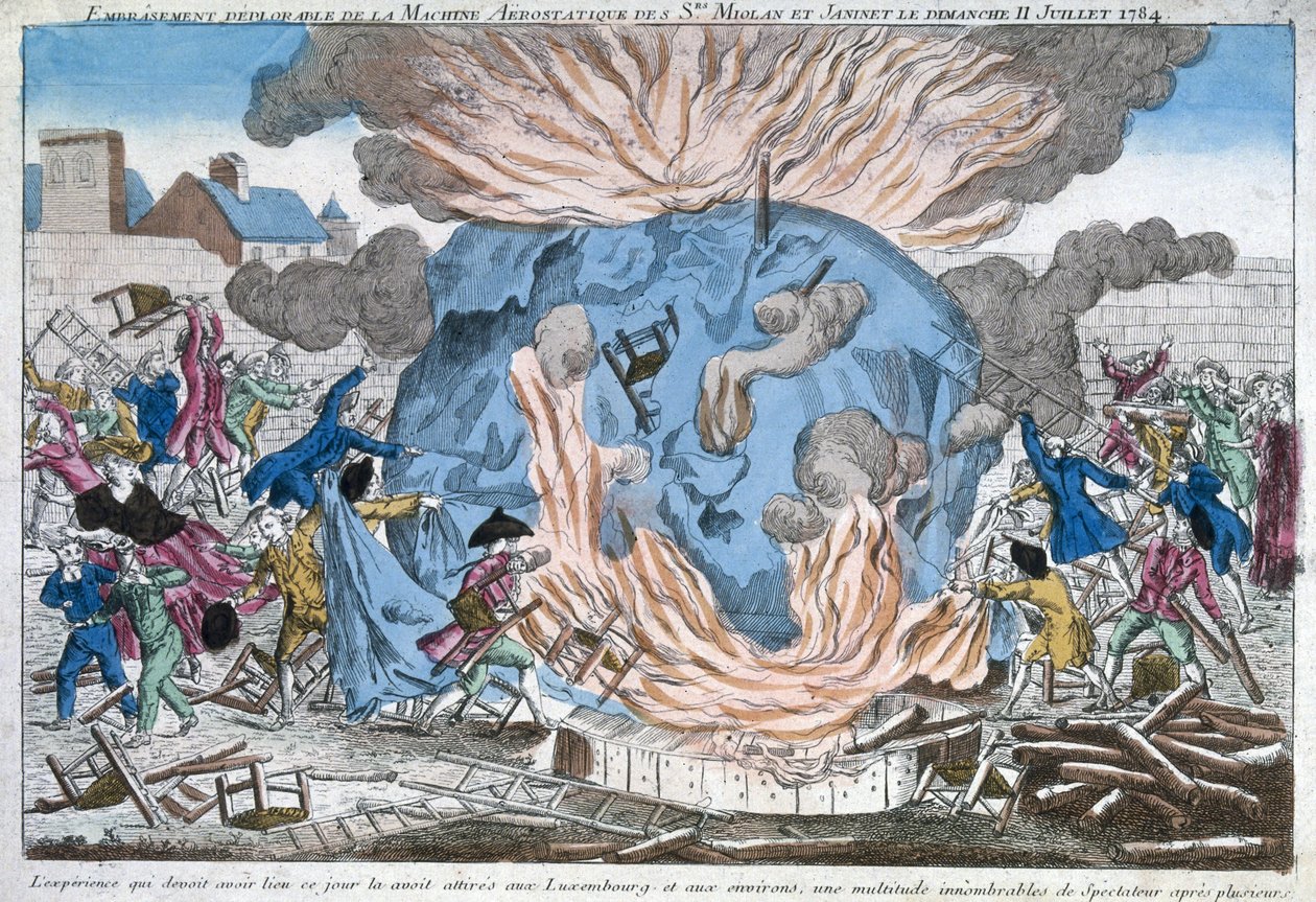 Das bedauerliche Verbrennen des Aerostats von Mioloan und Janinet, 11. Juli 1784 von French School