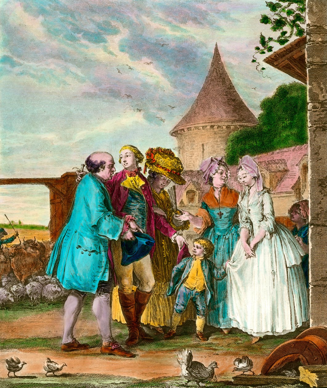 Der Herr und sein Bauer. Gravur des 18. Jahrhunderts. Private Sammlung. von French School