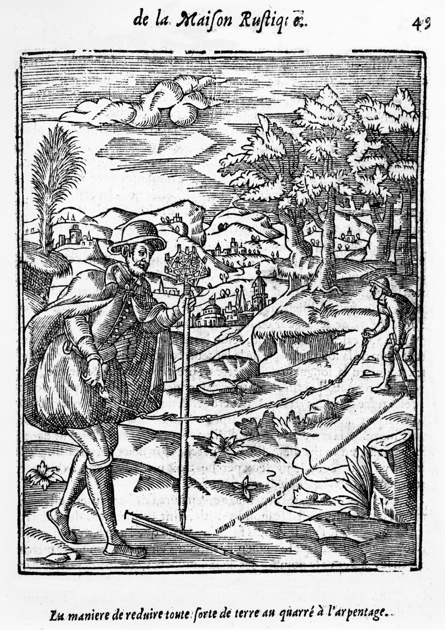 Die Art und Weise, jede Art von Boden auf das Vermessungsquadrat zu reduzieren, Illustration aus LAgriculture et Maison Rustique von Charles Estienne, Ausgabe veröffentlicht 1641 von French School
