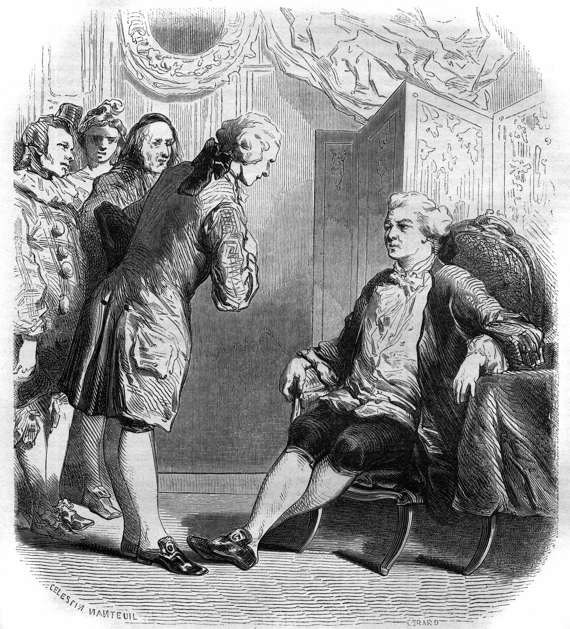 Der Marquis de Puysieulx empfängt Philippe Nericault Destouches (1680-1754) und seine Truppe reisender Komödianten. Gravur von 1858-1859 von French School