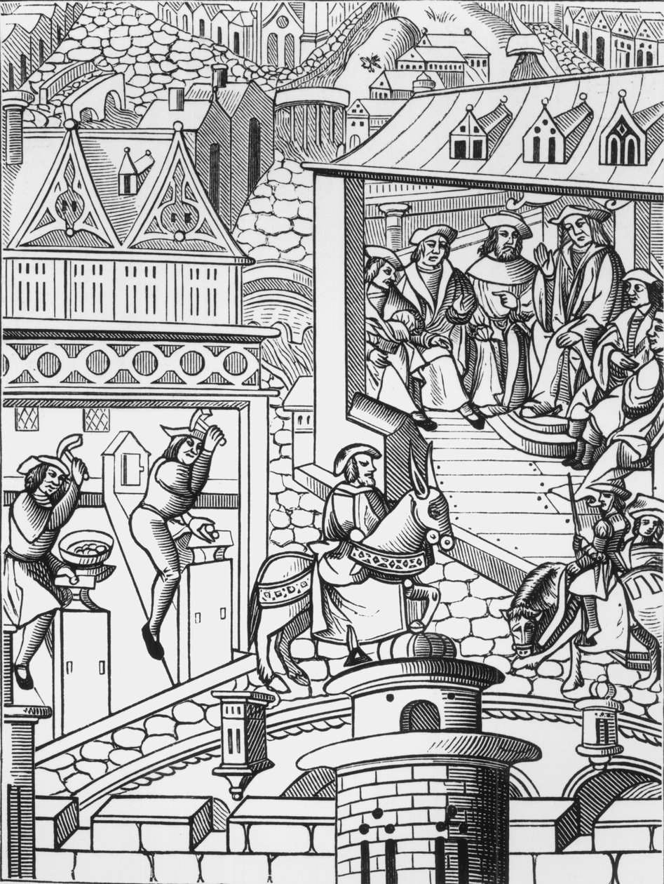 Die Münzstätte, nach einem Holzschnitt in De lInstitution de la Chose Politique, eine Übersetzung des lateinischen Werkes von Francis Patricius, veröffentlicht 1520 von French School