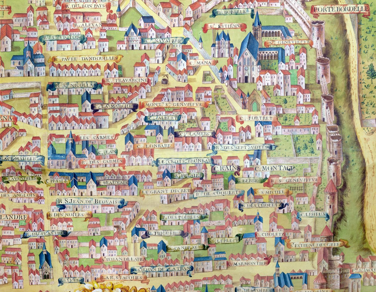 Die Montagne Sainte-Genevieve, Detail aus dem Plan von Paris um 1540, genannt Plan de la Gouache, ca. 1860 von French School