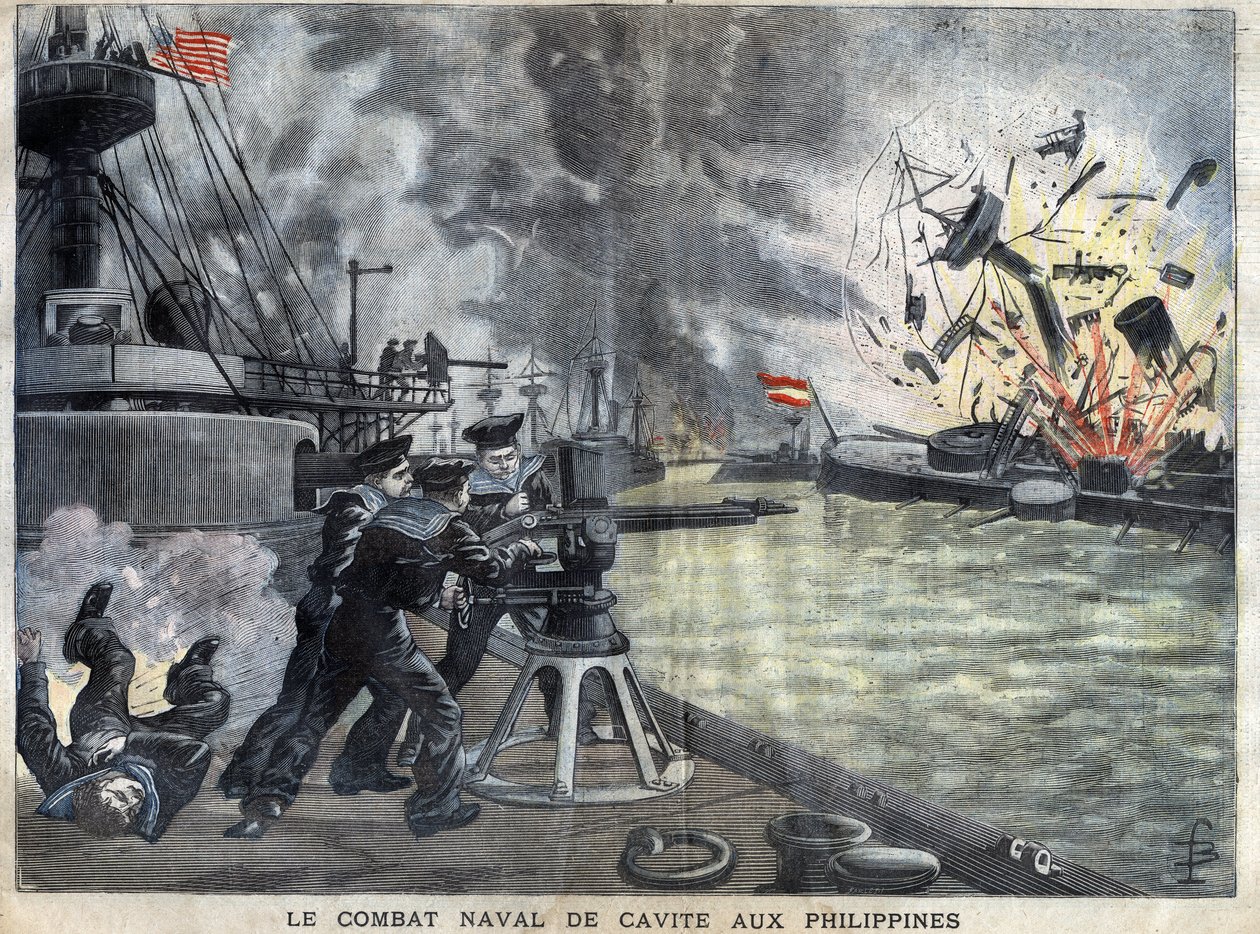 Die Seeschlacht von Cavite auf den Philippinen während des Spanisch-Amerikanischen Krieges. von French School