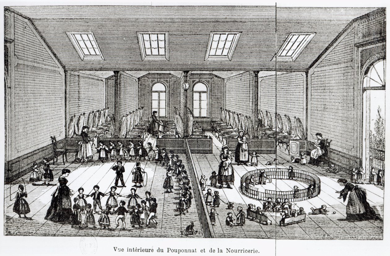 Die Kinderkrippe im Familisterium von Guise, aus Solutions Sociales von Jean-Baptiste Andre Godin, Paris, 1871 von French School