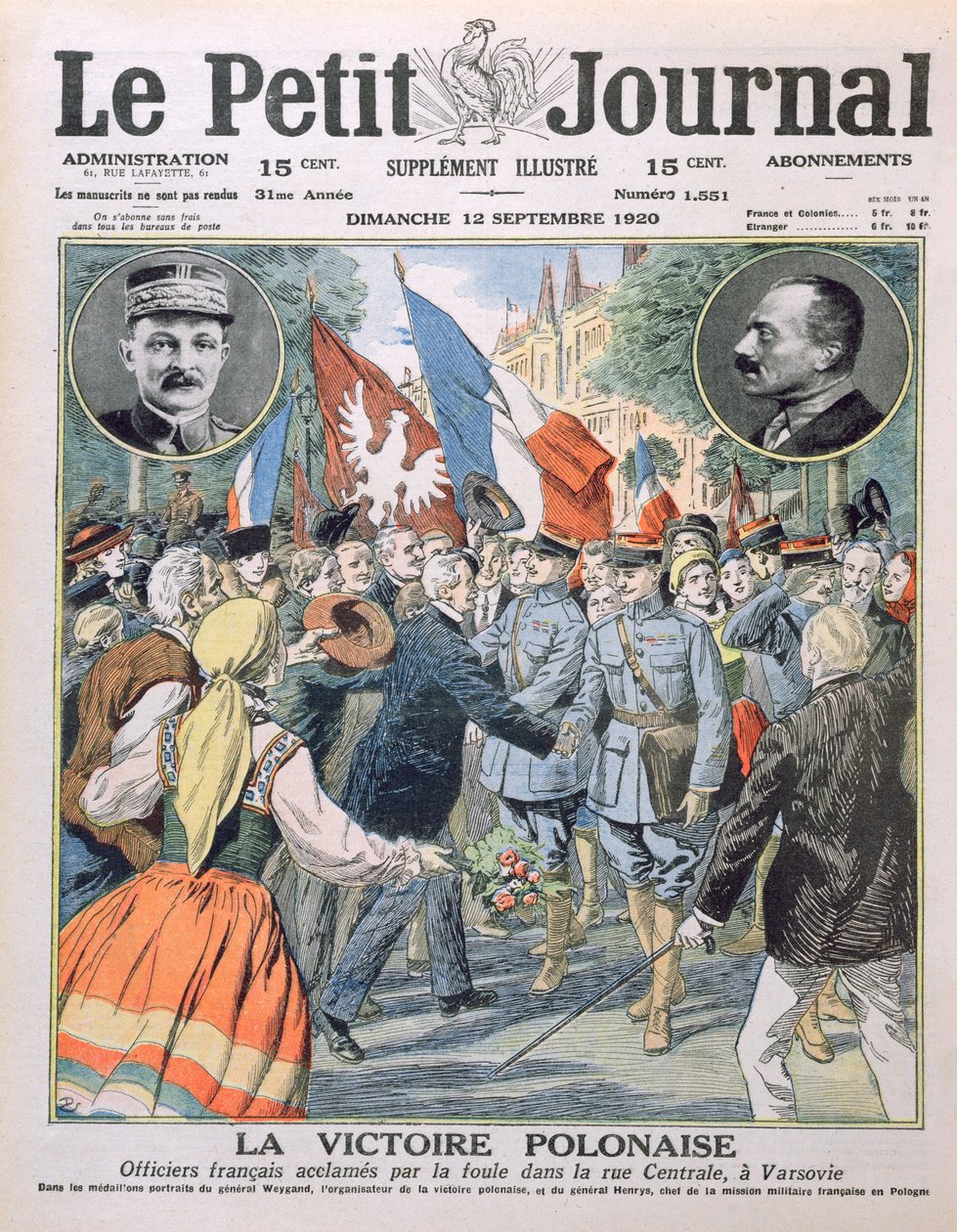 Der polnische Sieg, französische Offiziere werden von der Menge in der Zentralstraße in Warschau bejubelt, Titelillustration von Le Petit Journal, 12. September 1920 von French School