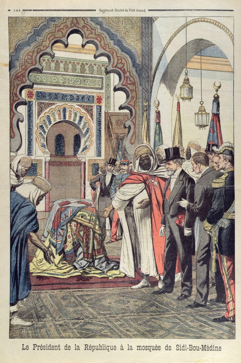 Der Präsident der Französischen Republik, Emile Loubet (1838-1929), besucht die Moschee von Sidi Bou Medine, Tlemcen, Algerien, Illustration aus Le Petit Journal, 3. Mai 1903 von French School